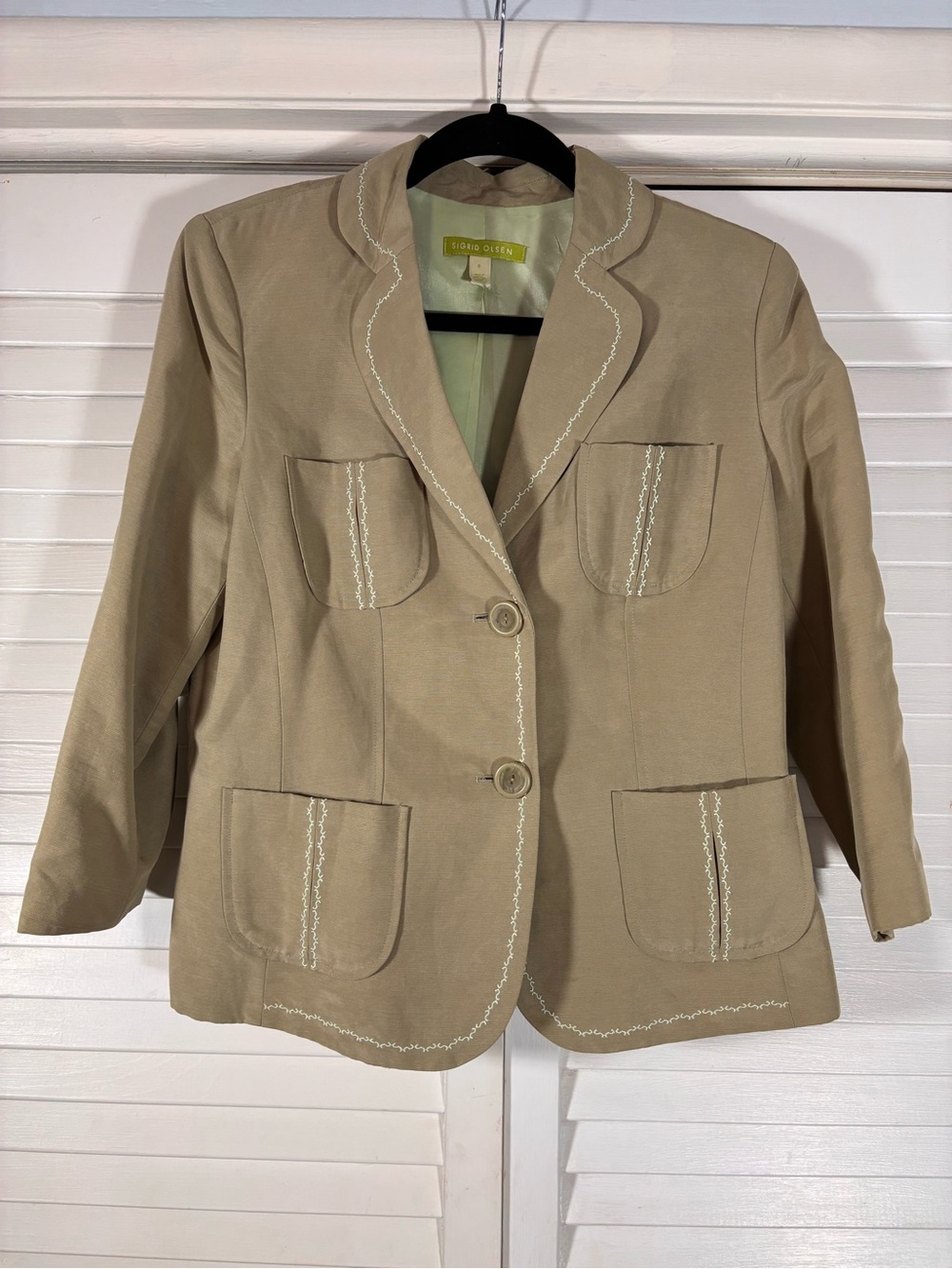 Sigrid Olsen Silk Ramie Embroidered Blazer Tan Beige White Stitching Size 6